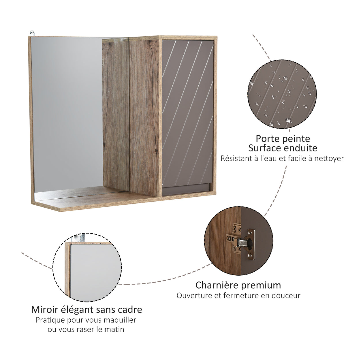 Miroir de Salle de Bain avec étagère et Placard - système Fixation intégré - Panneaux Particules chêne Clair Gris-5