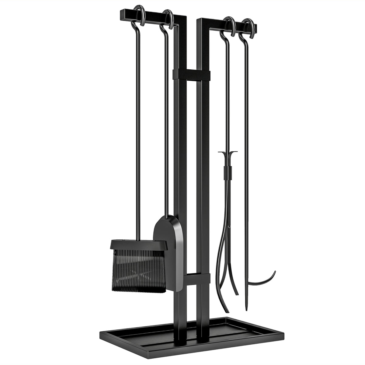 Ensemble serviteur de cheminée 5 pièces, outils de cheminée, en métal, balai, pelle, pince, tisonnier et support, noir-0