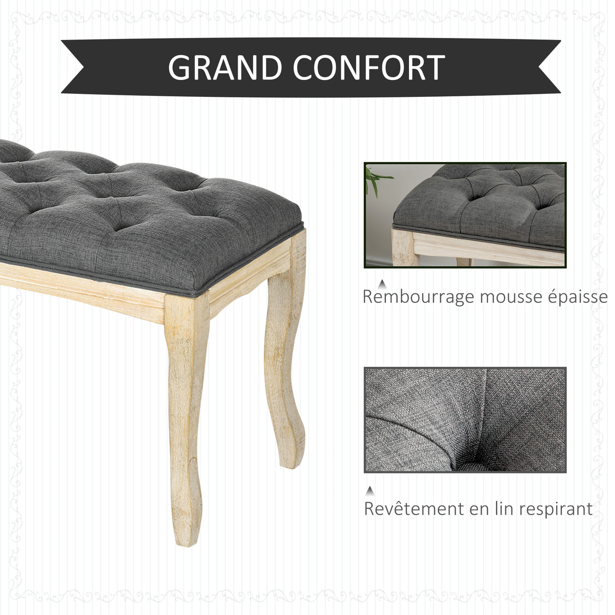 Banc Banquette capitonnée Style Classique 110 cm Bout de lit Rembourrée en lin piètement Bois hévéa sculpté Lin Gris-3