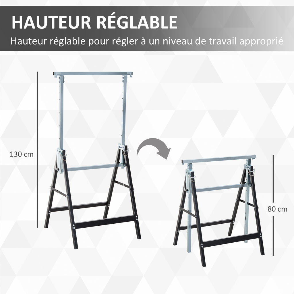 Lot de 2 tréteaux pliables télescopiques hauteur réglable 80-130 cm noir-3