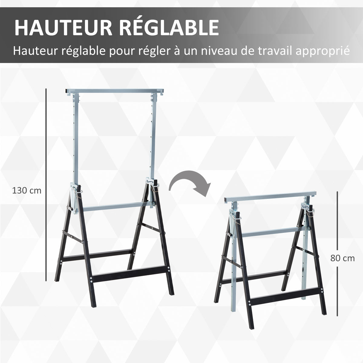 Lot de 2 tréteaux pliables télescopiques hauteur réglable 80-130 cm noir-3