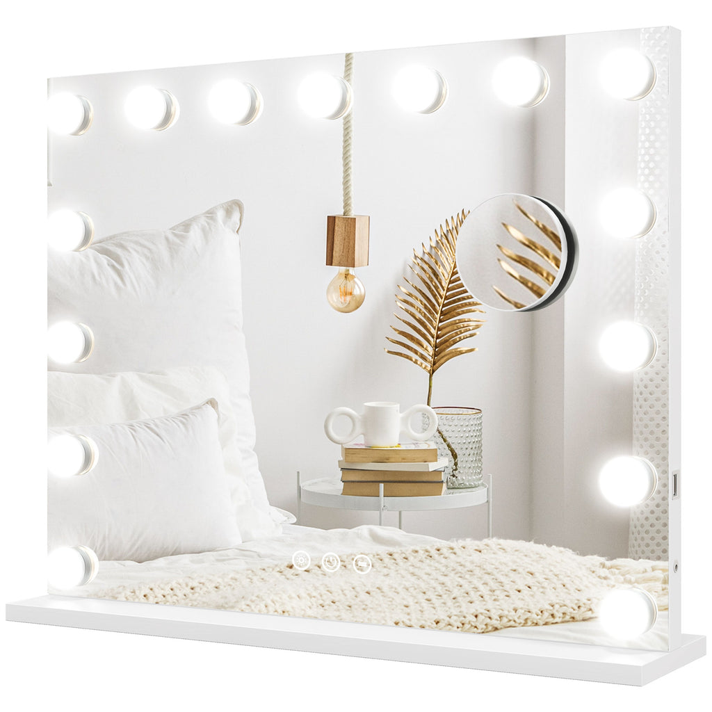Miroir Maquillage Hollywood 58 x 48 cm, Miroir Coiffeuse LED, 15 Ampoules, 3 Modes d'Éclairage, Port USB de Charge-0