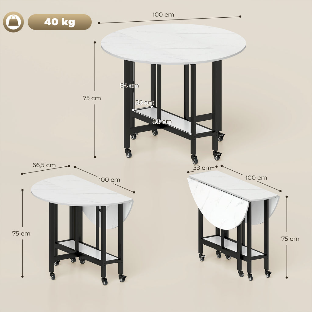Table à Manger Pliante sur Roulettes, Table de Cuisine pour 4 Personnes avec Étagère Intégrée, 100 x 100 x 75 cm, Blanc-2