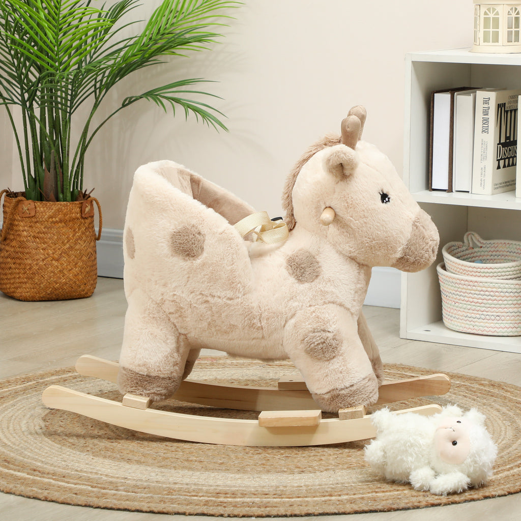 Cheval à bascule pour enfants girafe jouet à bascule bébé avec effet sonore, ceinture de sécurité, 68x35x50cm, beige-7