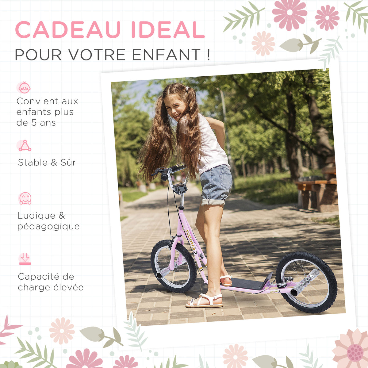 Trottinette patinette Grandes Roues pneumatiques Ø 41 cm avec pegs Rose-6