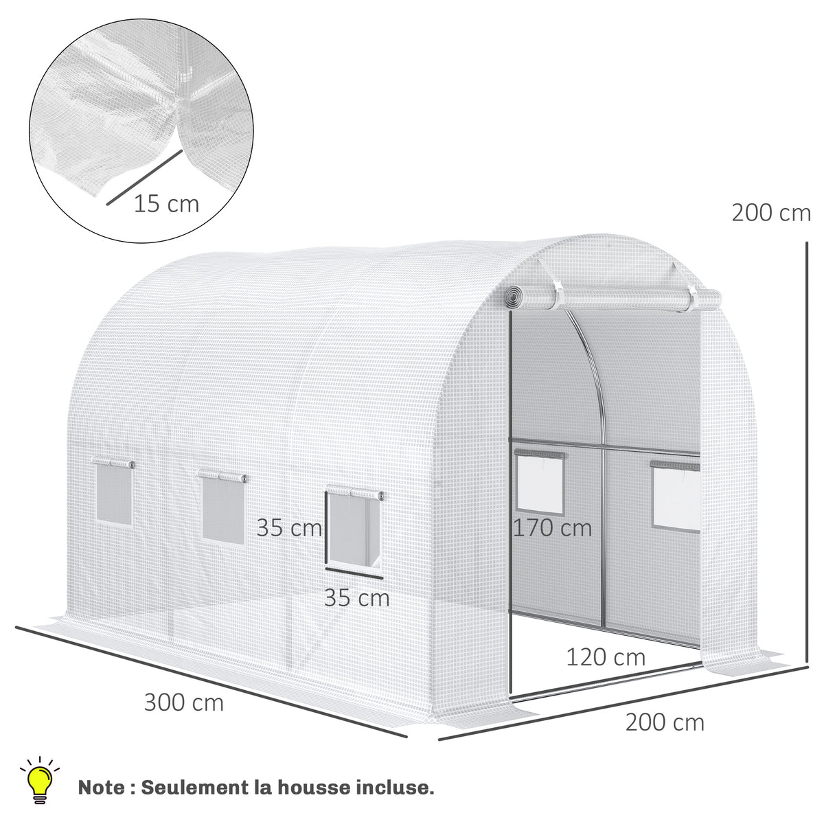 Bâche de Rechange Serre Tunnel 6 m², bâche PE Anti-UV imperméable 6 fenêtres + Porte Enroulable zippée Blanc-2