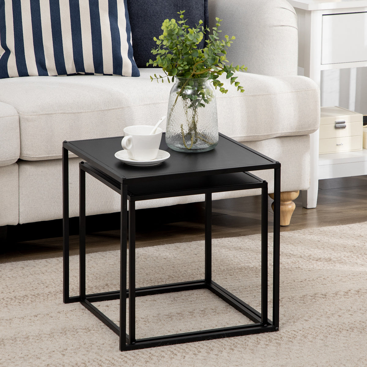 Lot de 2 tables basses gigognes carrées style industriel en métal noir mat - dim. 40 et 35 cm-7
