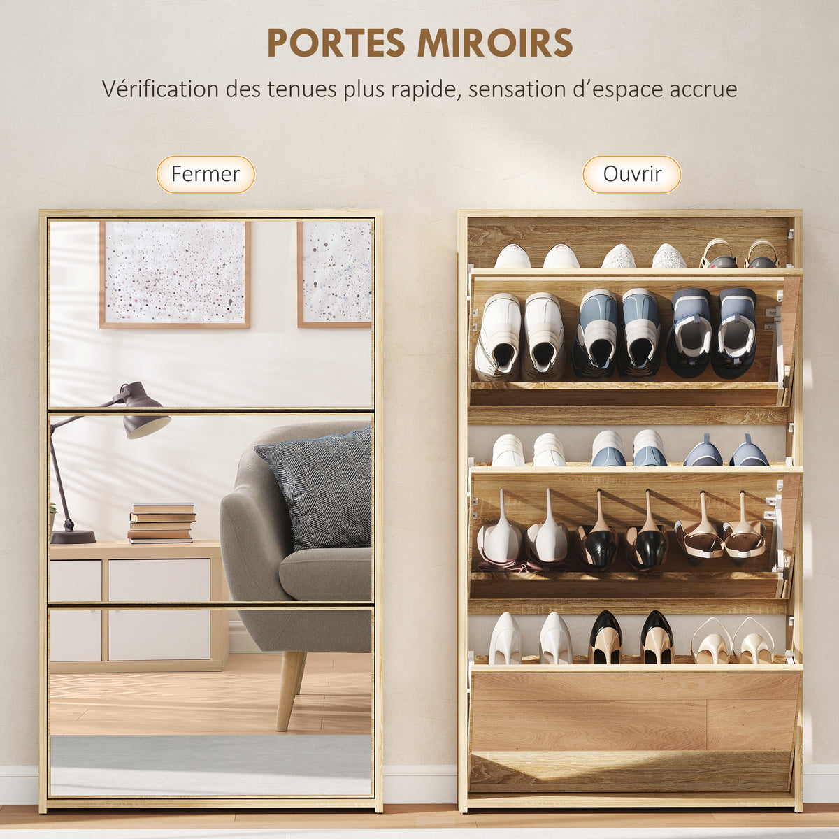Meuble à chaussures 9 paires, armoire à chaussures étroite, 3 tiroirs rabattables portes miroirs, 65x17x114,5cm naturel-4