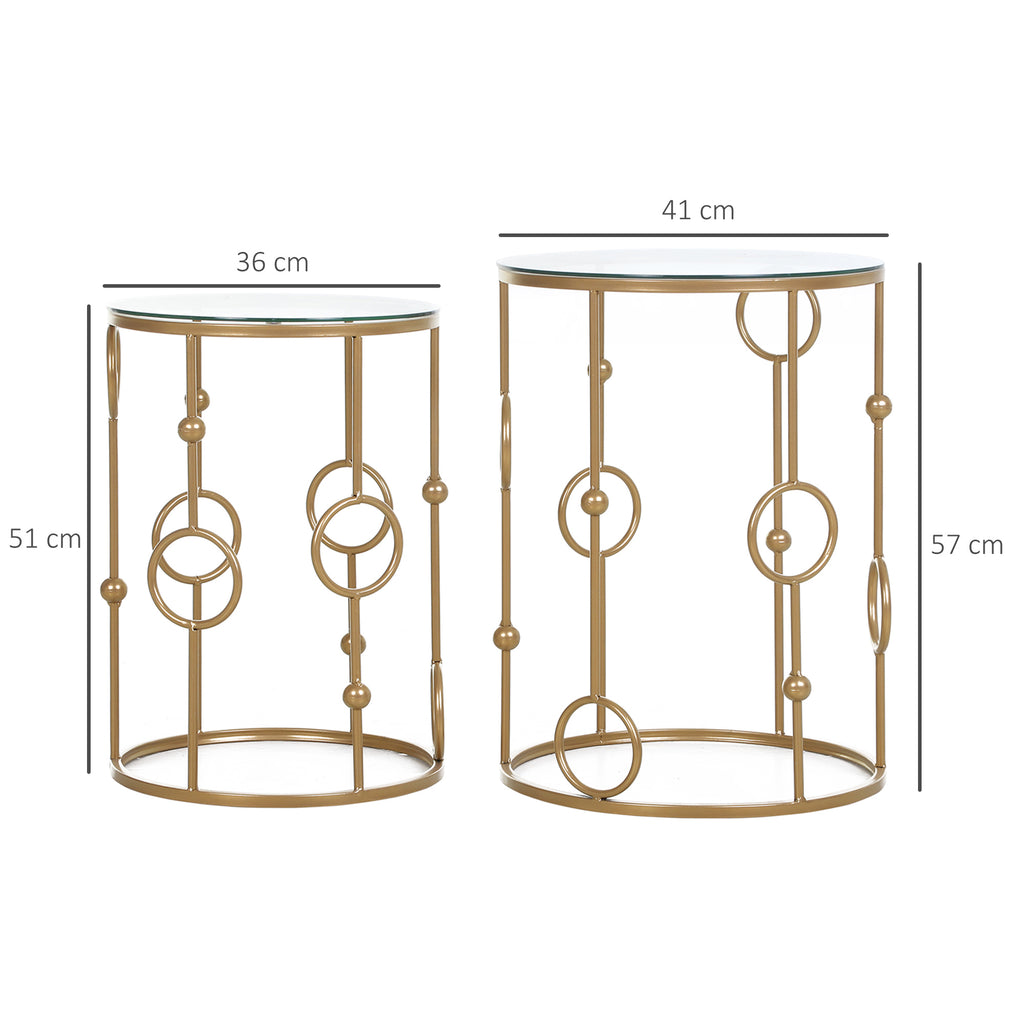 Tables gigognes Lot de 2 Tables Basses Rondes Design Style Art déco Ø 41 et Ø 36 cm métal doré Verre trempé 5 mm-2