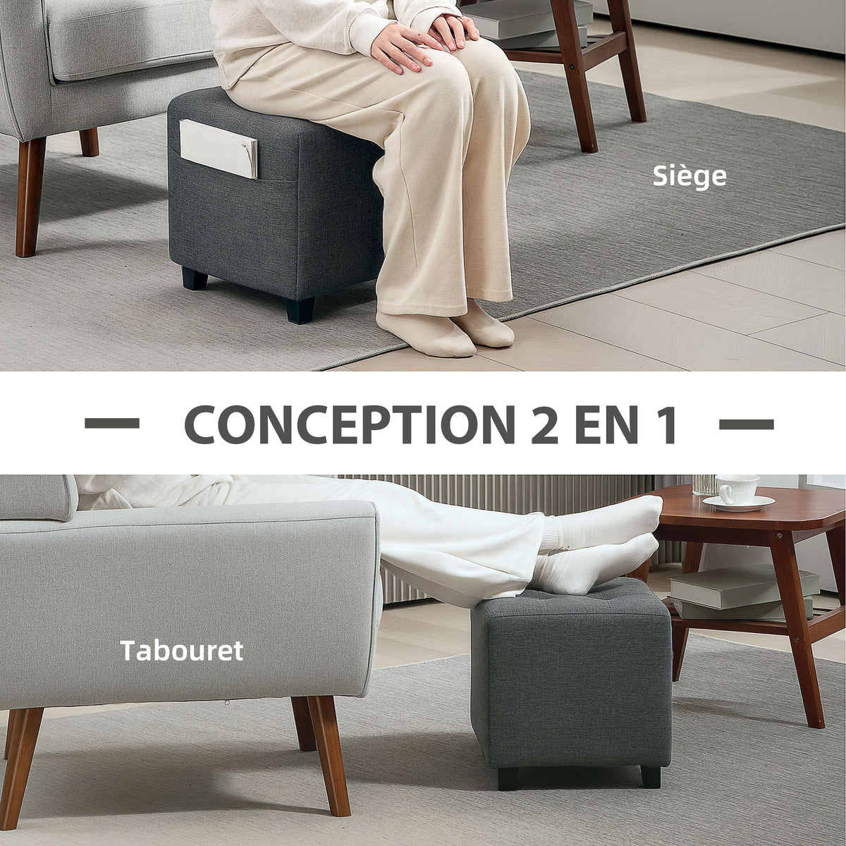 Repose pied salon, ottoman, siège rembourré capitonné en tissu aspect lin avec poche latérale, 35 x 35 x 35 cm, gris-3