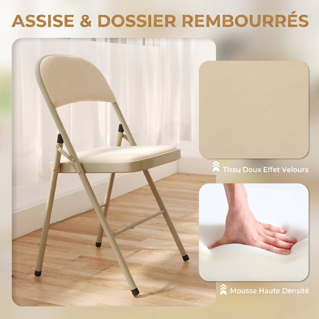 Lot de 4 chaises pliantes et portables intérieur avec assises et dossiers rembourrés en velours, cadre en acier, beige-4