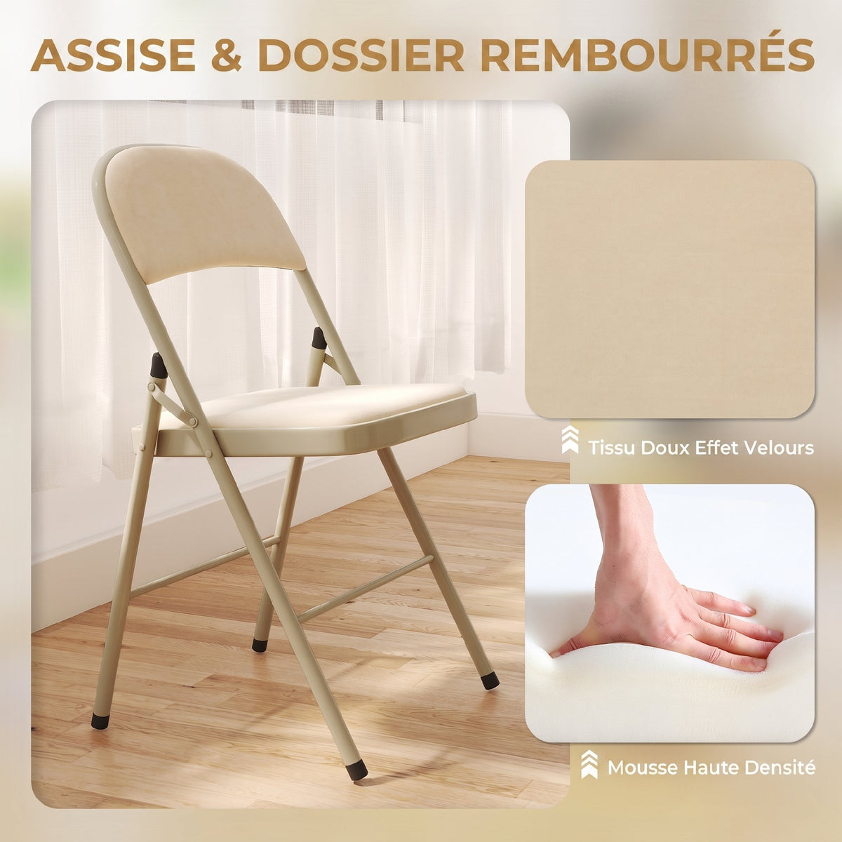 Lot de 4 chaises pliantes et portables intérieur avec assises et dossiers rembourrés en velours, cadre en acier, beige-4