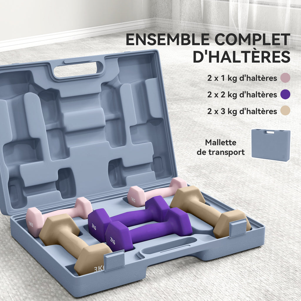 Ensemble d'haltères hexagonaux 12 kg avec mallette lot de 6 haltères revêtement en polyuréthane, en acier, multicolore-3