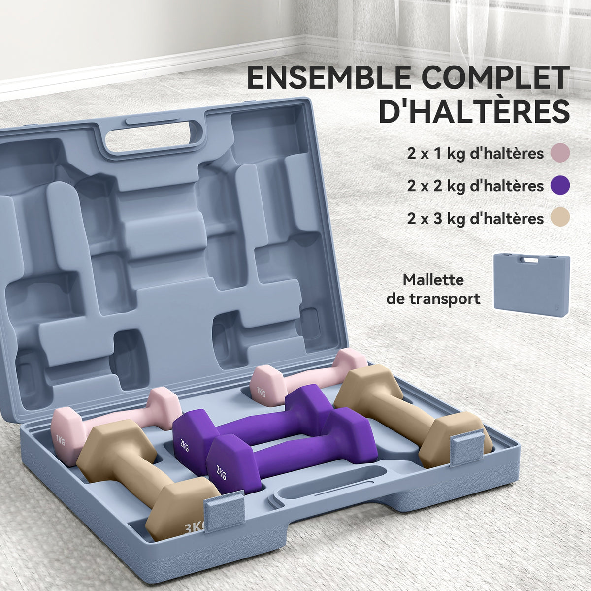 Ensemble d'haltères hexagonaux 12 kg avec mallette lot de 6 haltères revêtement en polyuréthane, en acier, multicolore-3