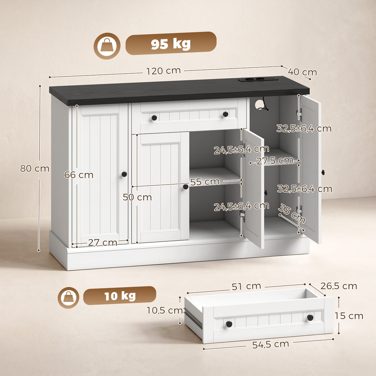 Buffet Salon avec Station de Charge, Meuble de Rangement avec 4 Portes, Tiroir, Étagères Réglables, Blanc et Noir-2