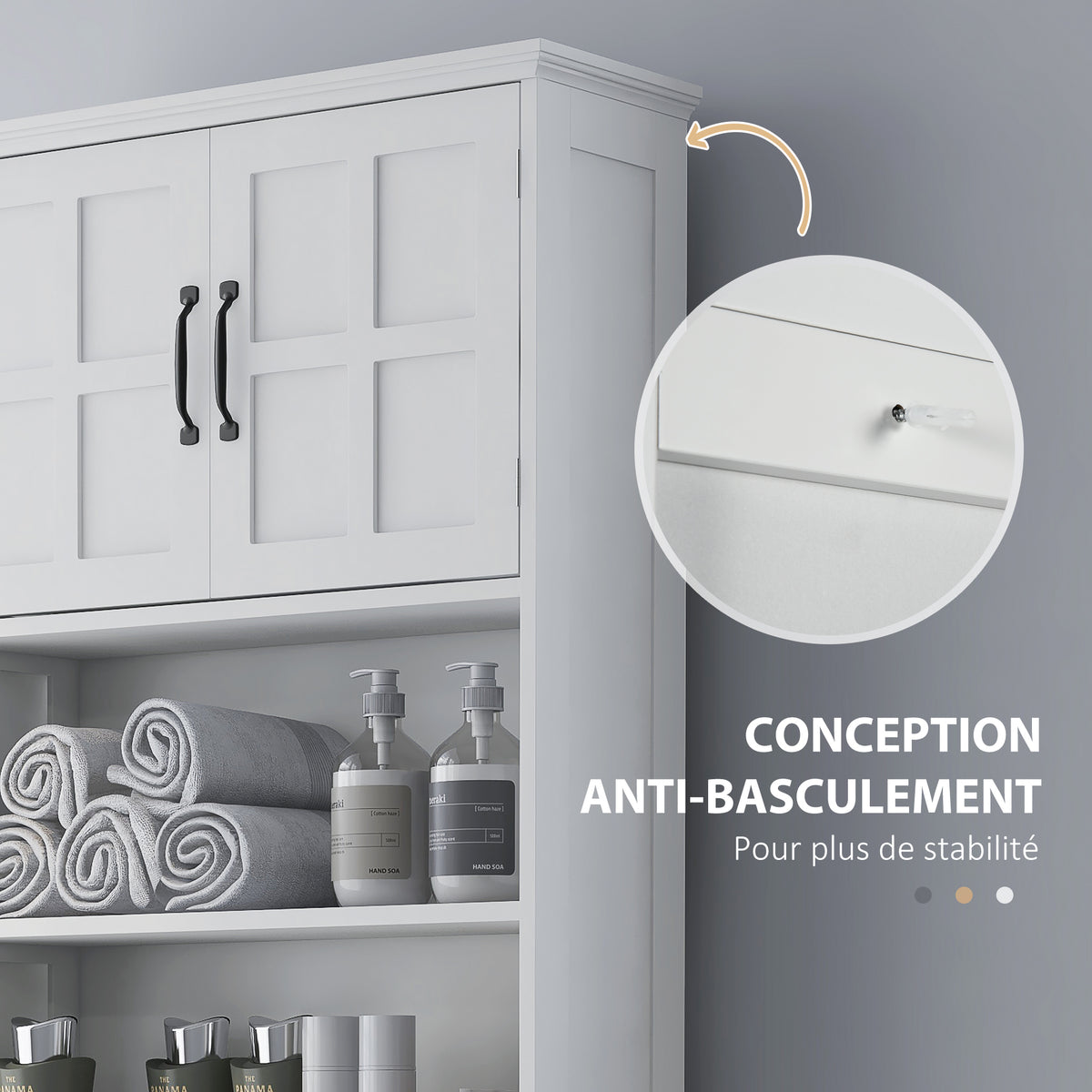 Meuble WC dessus de toilette armoire de rangement de salle de bain avec niches placard à double porte étagère réglable-6