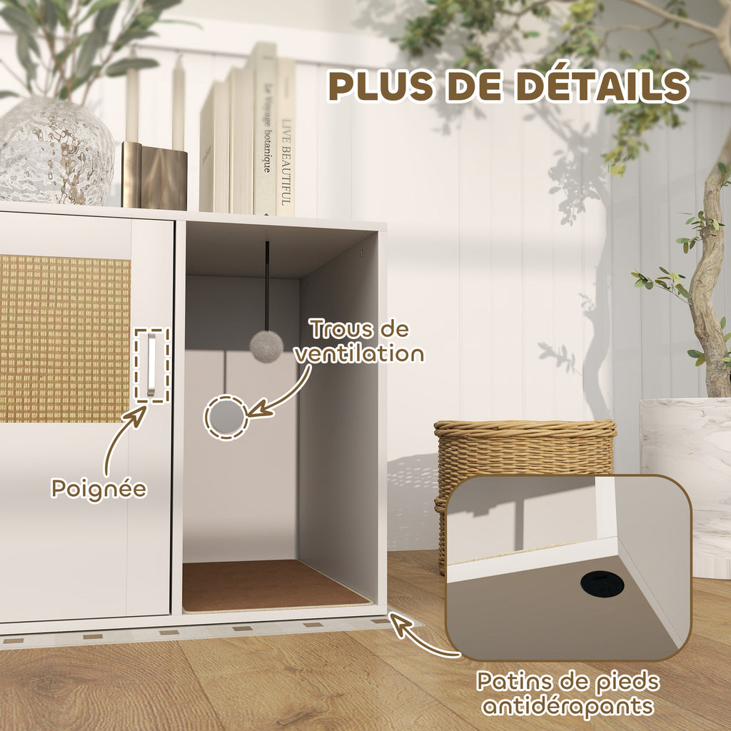Maison de toilette chat meuble litière pour chat tapis griffoir porte avec poignées style bohème 80 x 50 x 50 cm blanc-7
