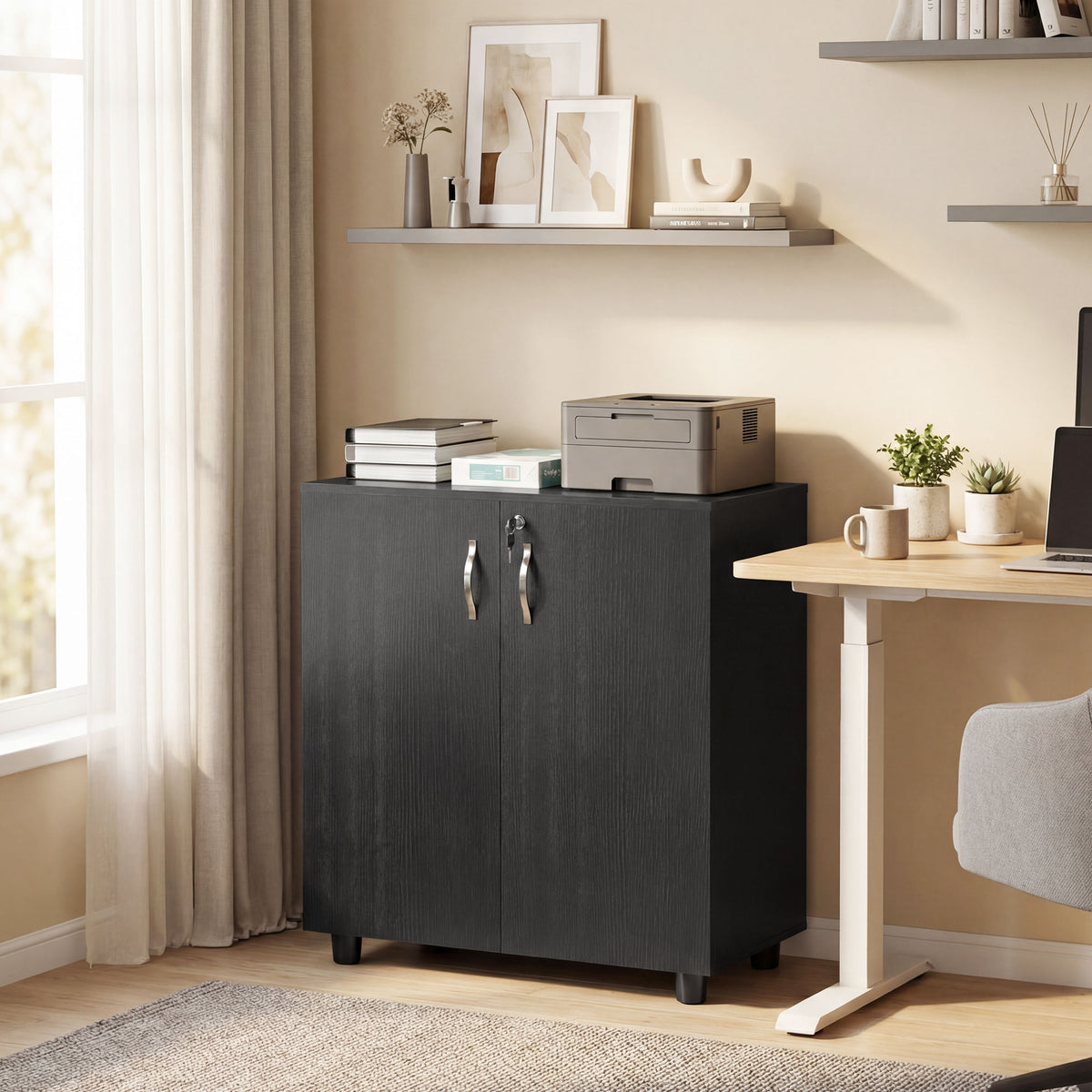 Armoire de Bureau à 2 Niveaux, Meuble de Rangement Bureau avec 2 Portes, Serrures et Clés, 80x40x80cm, Noir-9