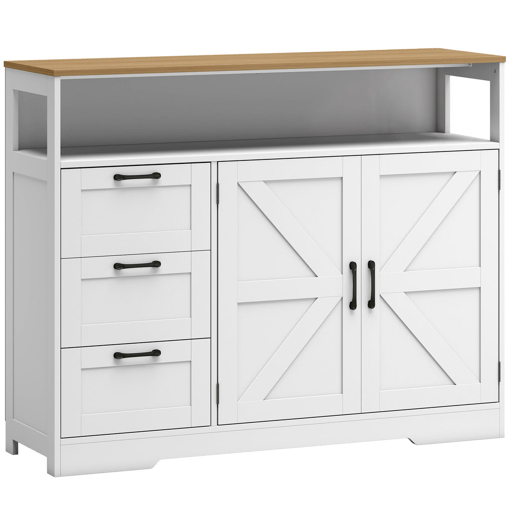 Buffet Cuisine, Meuble de Rangement avec 3 Tiroirs, 2 Portes Façon Grange, Plan de Travail et Compartiment Ouvert, Blanc-0