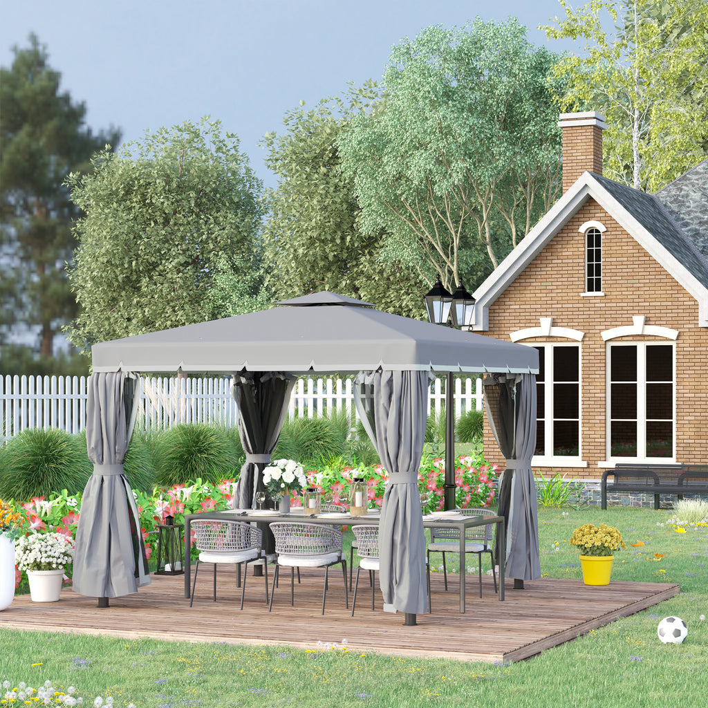 Tonnelle de jardin extérieur 3 x 3 m, barnum avec toit double, rideaux et moustiquaire, cadre en aluminium, gris foncé-9