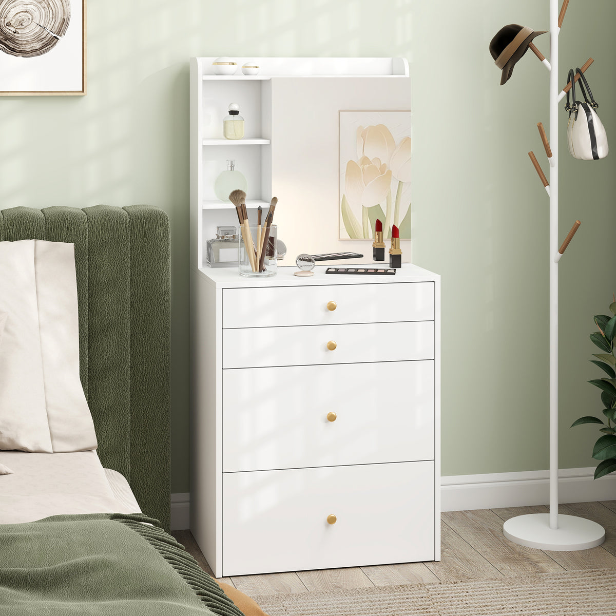 Coiffeuse avec miroir et tabouret de rangement mobile, table de maquillage, tiroirs, placard et étagères ouvertes, blanc-8