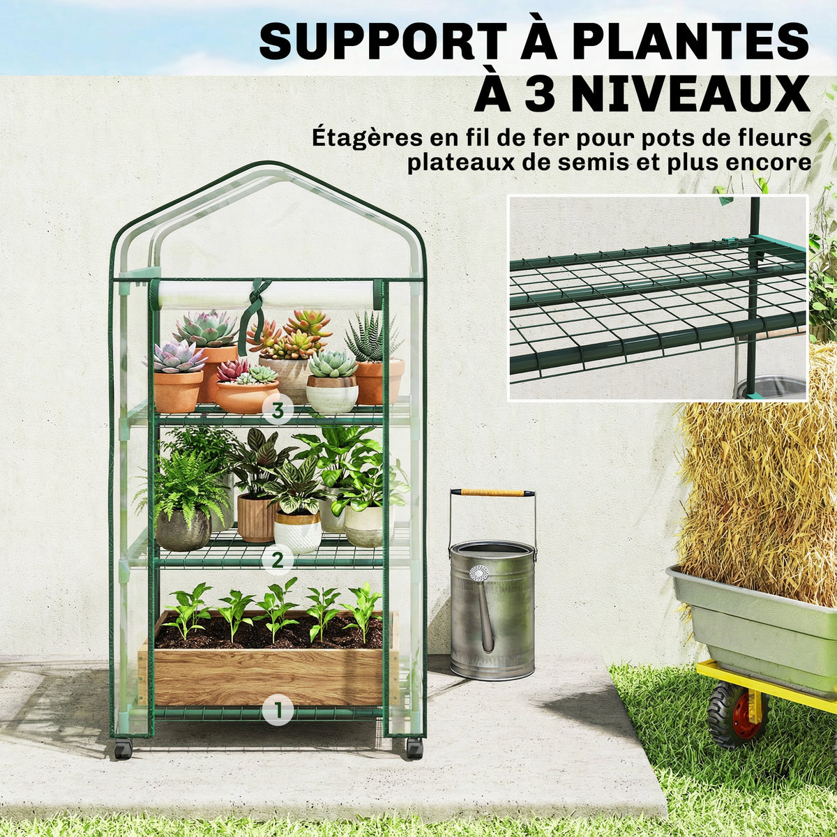 Mini serre de jardin avec 3 étagères, bâche PVC haute densité, porte enroulable 4 roulettes 69 x 49 x 130 cm transparent-3