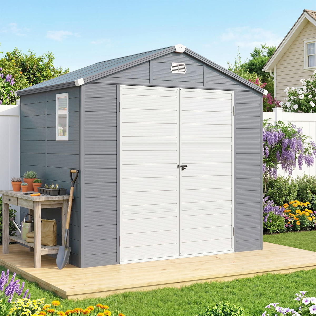 Abri de jardin en résine 4,56 m² avec kit de fondation galvanisé structure en aluminium 240 x 190 x 228 cm gris foncé-1