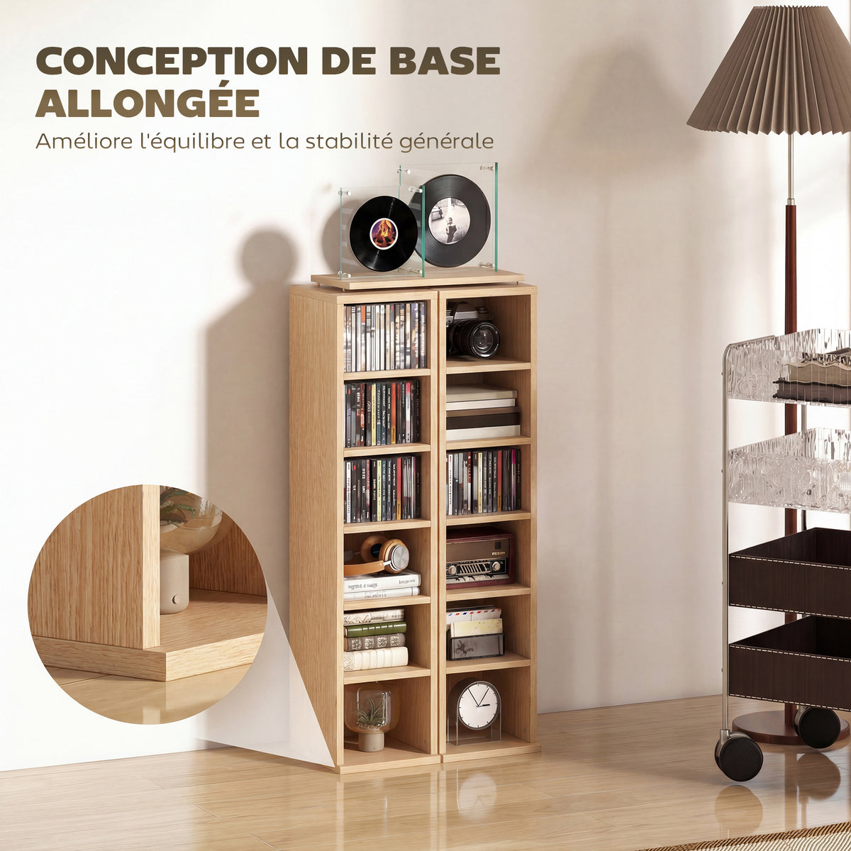 Lot de 2 étagères colonnes armoire de rangement CD-DVD 12 compartiments 21 x 22,5 x 88,5 cm capacité 204 CD bois naturel-7