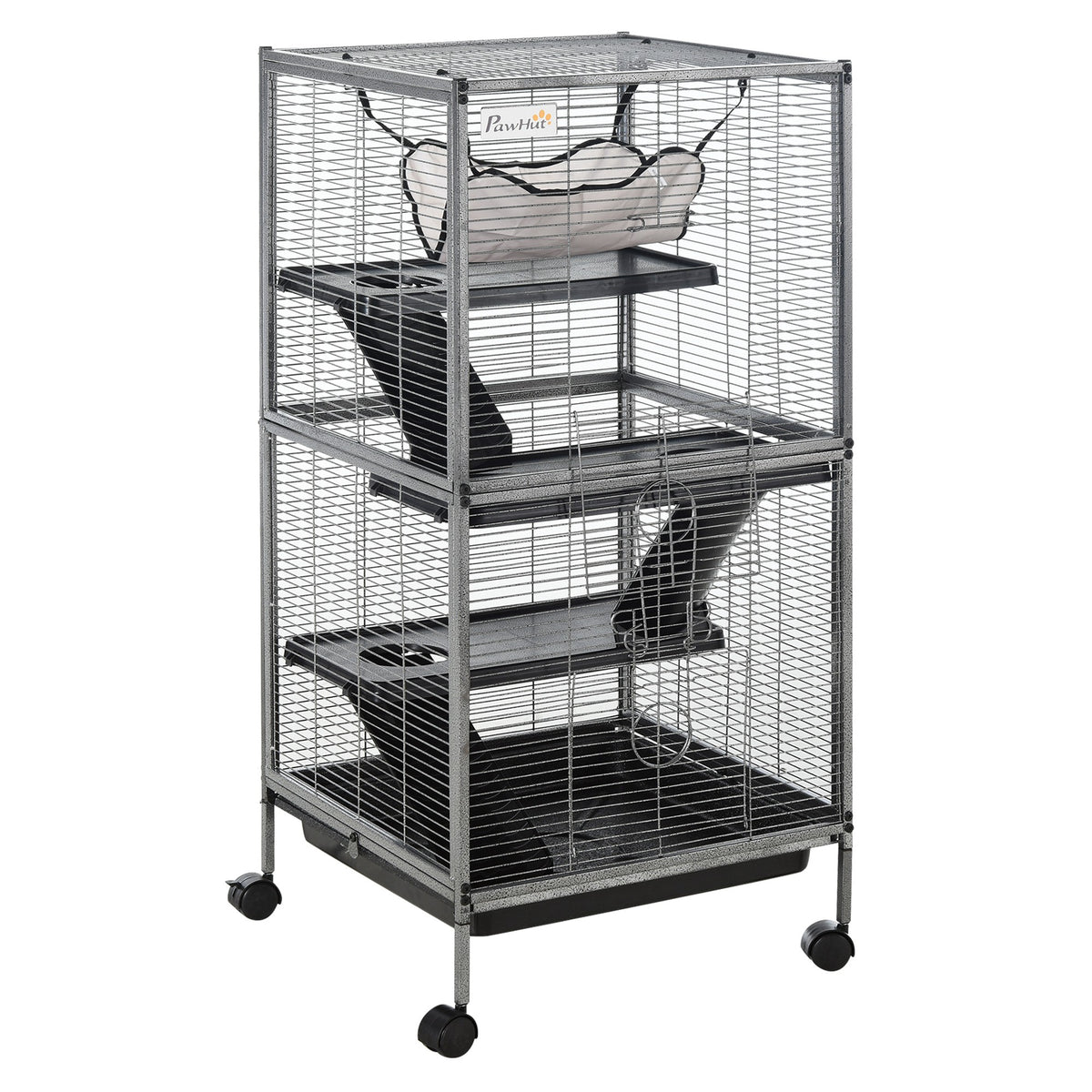 Cage pour Petits Animaux Portable à 4 Niveaux Cage Chinchilla Cage Furet avec Roulettes, 2 Portes, 3 Rampes, Hamac et Plateau Amovible, 52 x 52 x 113,5 cm Gris-0