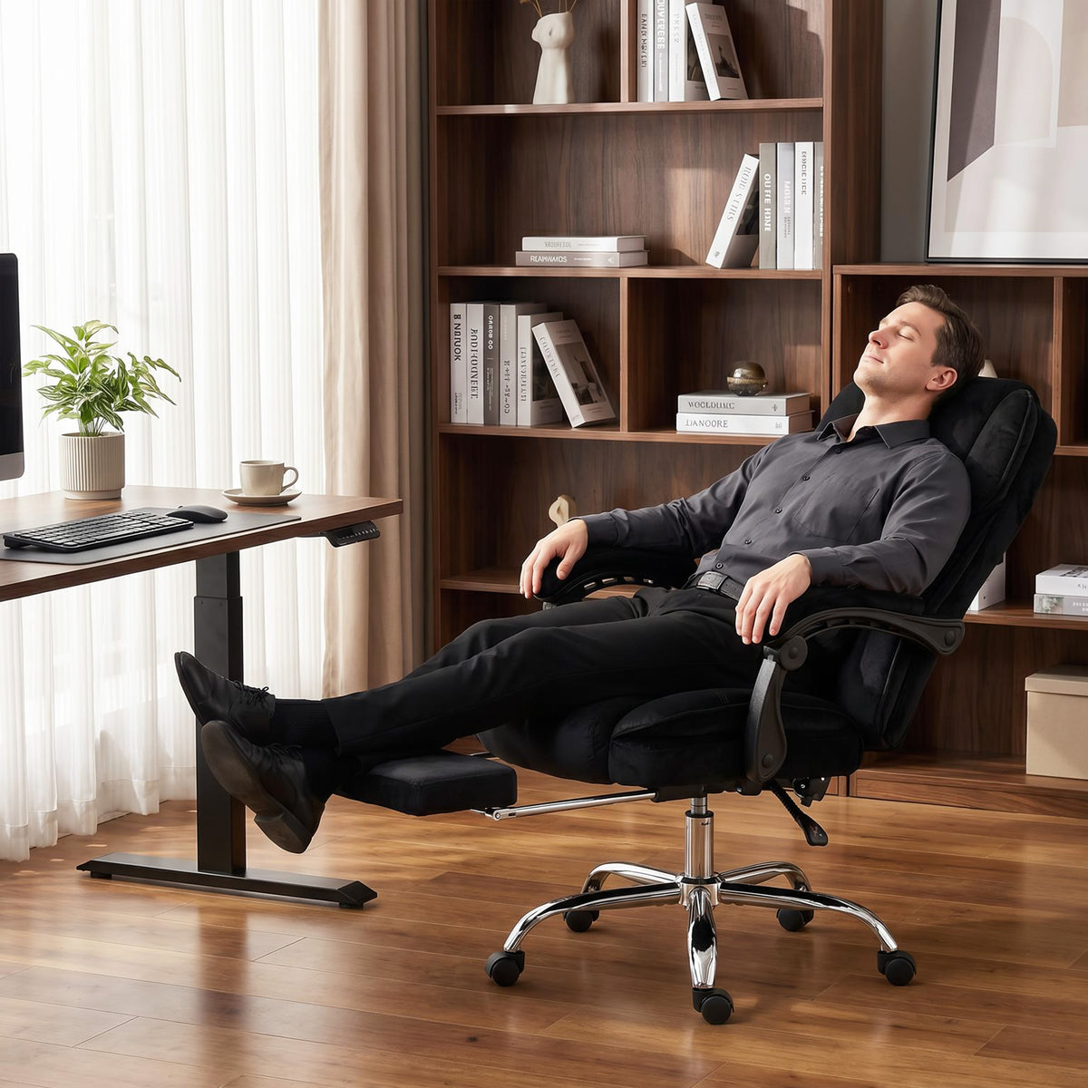 Fauteuil de bureau massant et chauffant hauteur réglable dossier inclinable télécommande repose-pieds rétractable noir-9