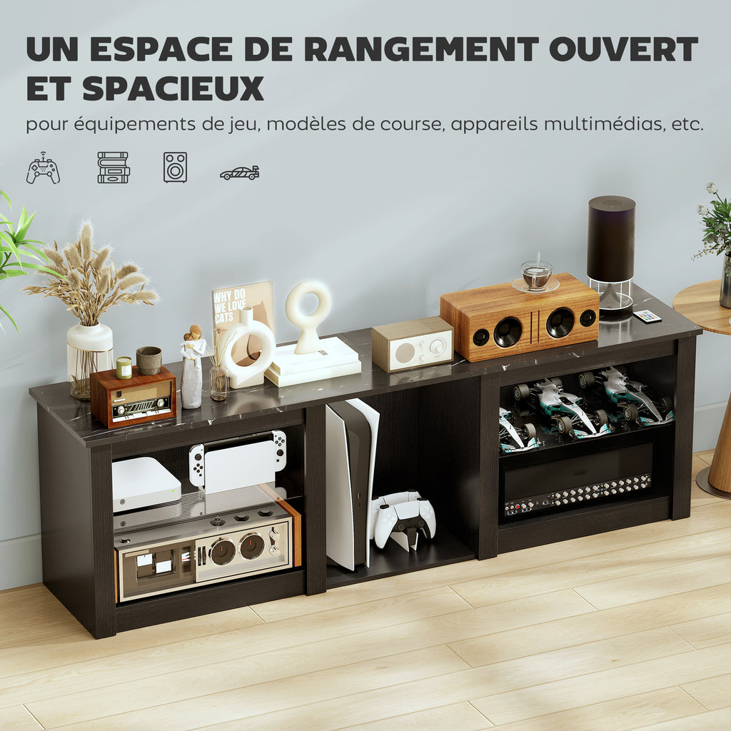 Meuble TV avec éclairage LED pour télévision jusqu'à 70 pouces, 160cm avec étagères en verre réglables, noir-4