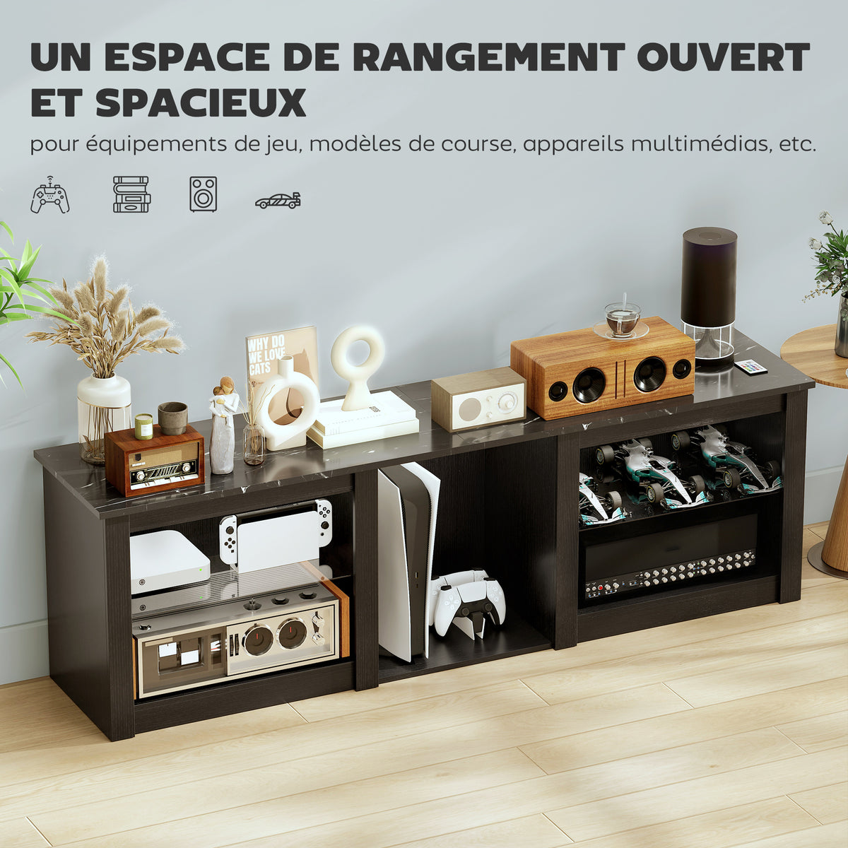 Meuble TV avec éclairage LED pour télévision jusqu'à 70 pouces, 160cm avec étagères en verre réglables, noir-4