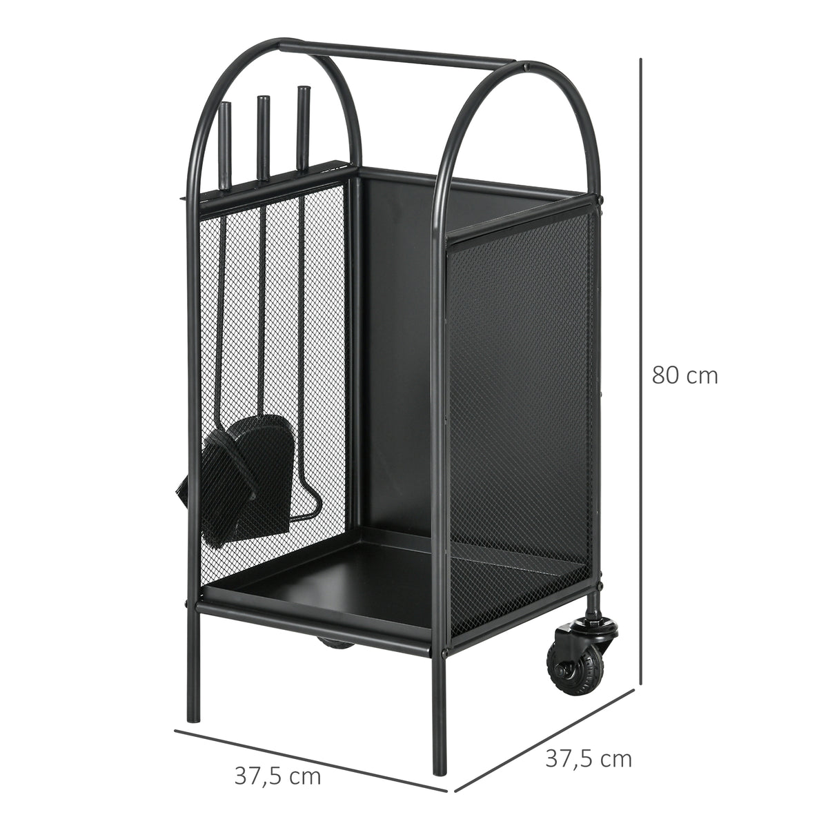 Range-bûches porte bûches sur roulettes avec accessoires pelle balai et tisonnier 37,5 x 37,5 x 80 cm noir-2