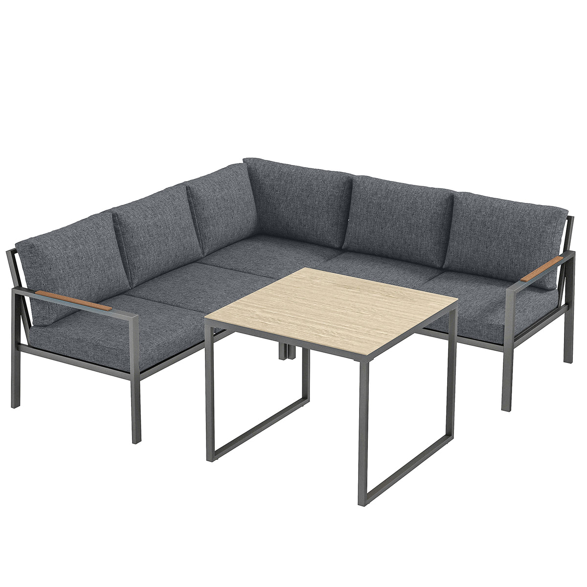 Salon de Jardin Extérieur 3 Pièces 5 Personnes, 2 Canapés avec Coussins Épais, 1 Table Basse, 183x183x72cm, Gris Foncé-0