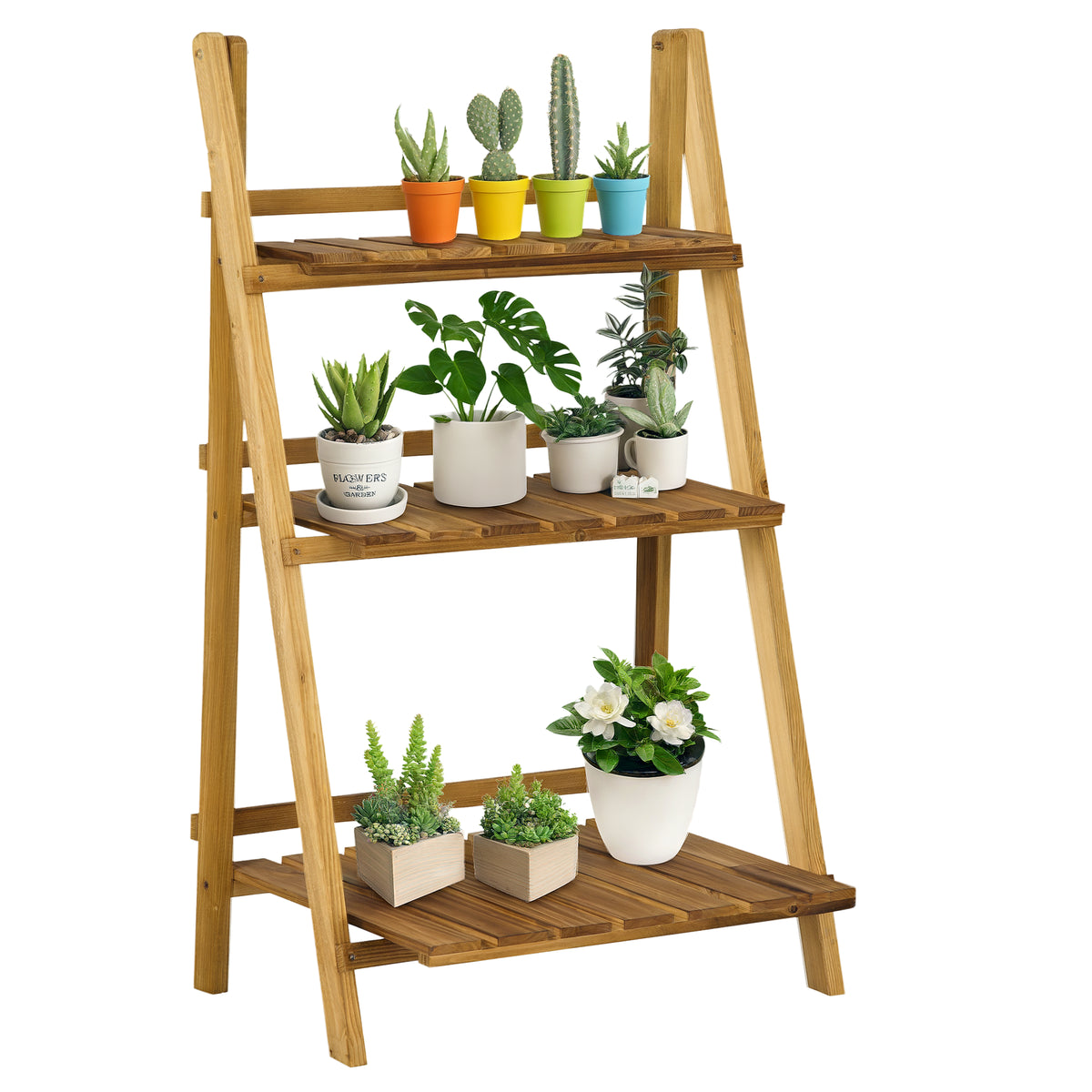 Étagère à plantes en bois forme pyramidale échelle pliante avec 3 étagères 60 x 37 x 93 cm marron-0