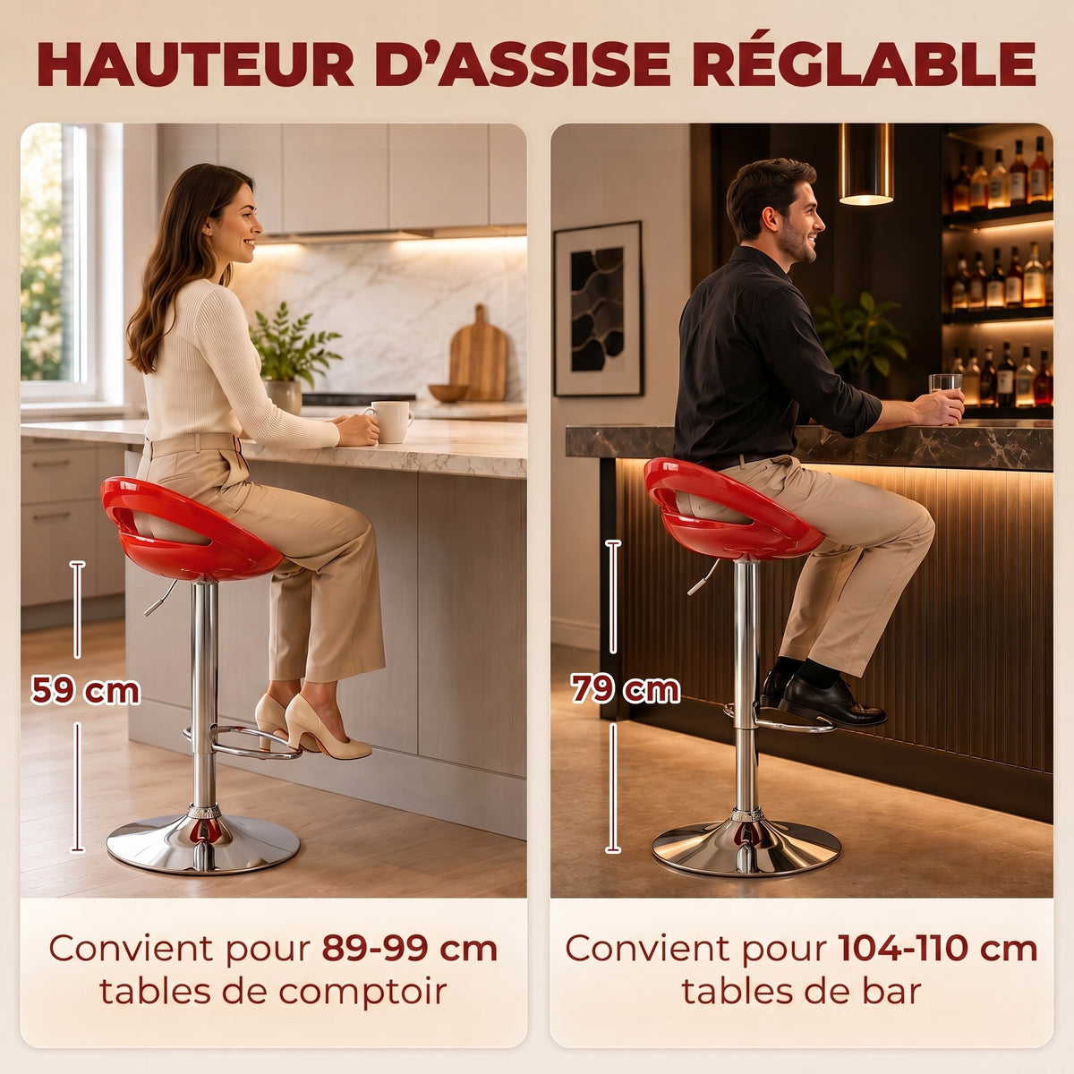 Lot de 2 tabourets de bar chaises de bar hauteur réglable dossier et repose-pieds pivotant à 360° 46x41x76-96cm rouge-3