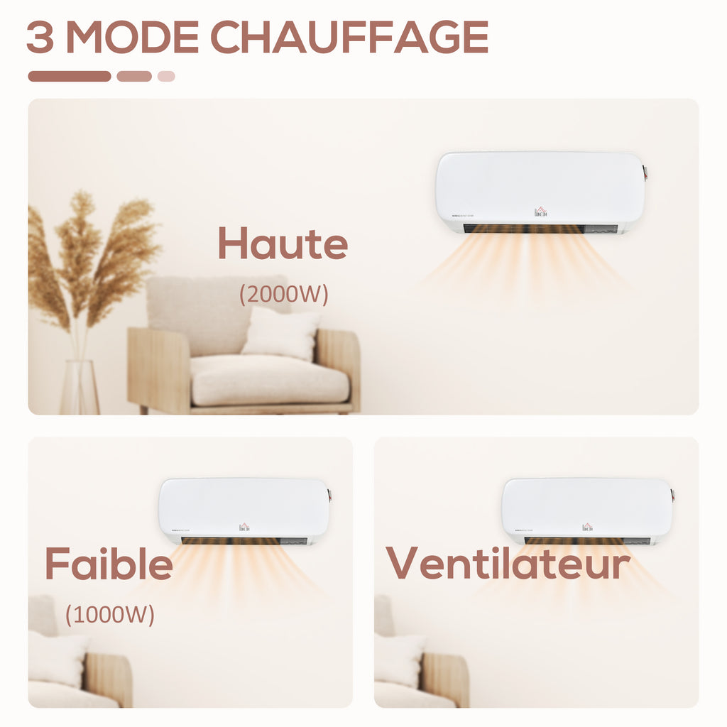 Radiateur mural soufflant 2000 W - chauffage céramique PTC - 3 niveaux de puissance - télécommande incluse blanc noir-7