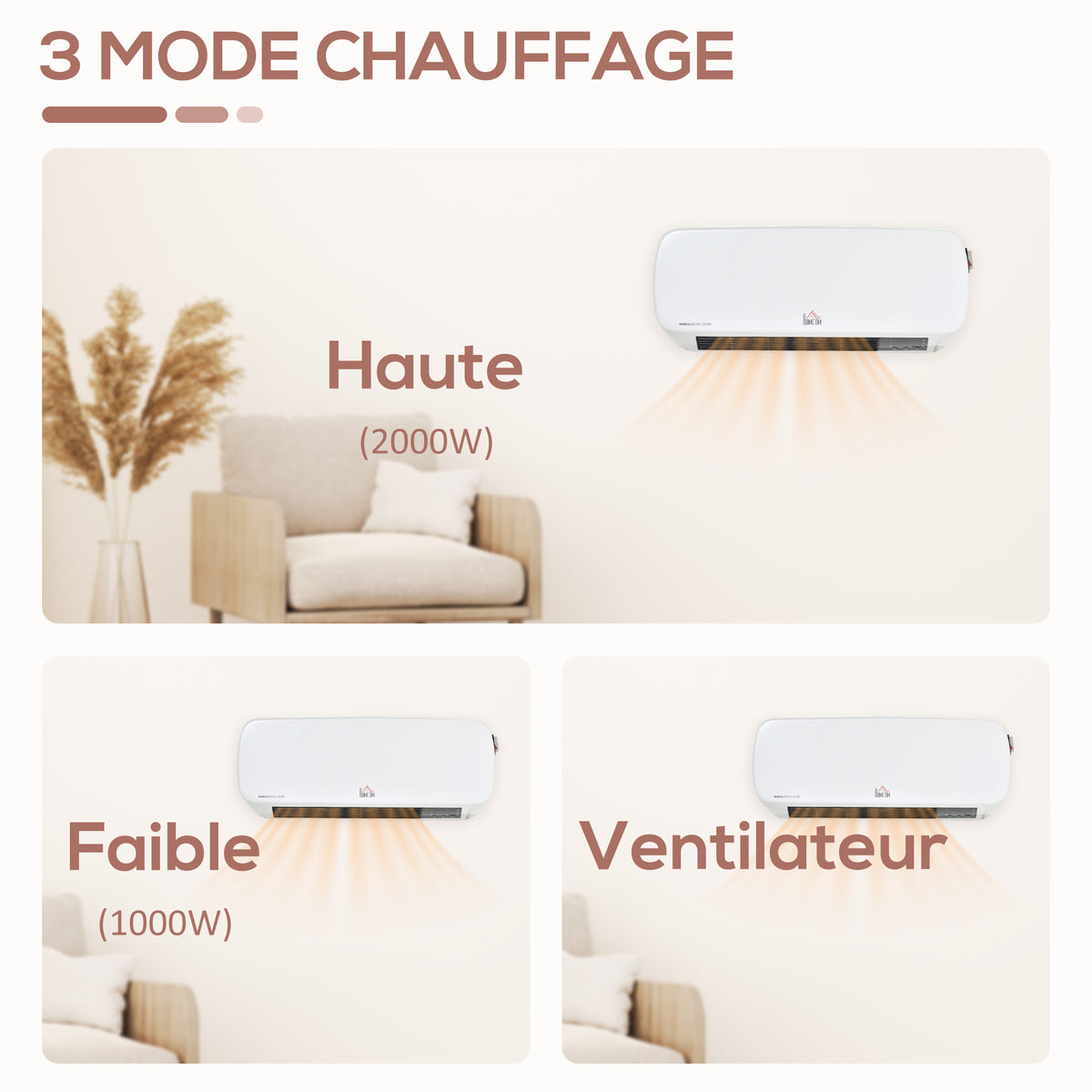 Radiateur mural soufflant 2000 W - chauffage céramique PTC - 3 niveaux de puissance - télécommande incluse blanc noir-7