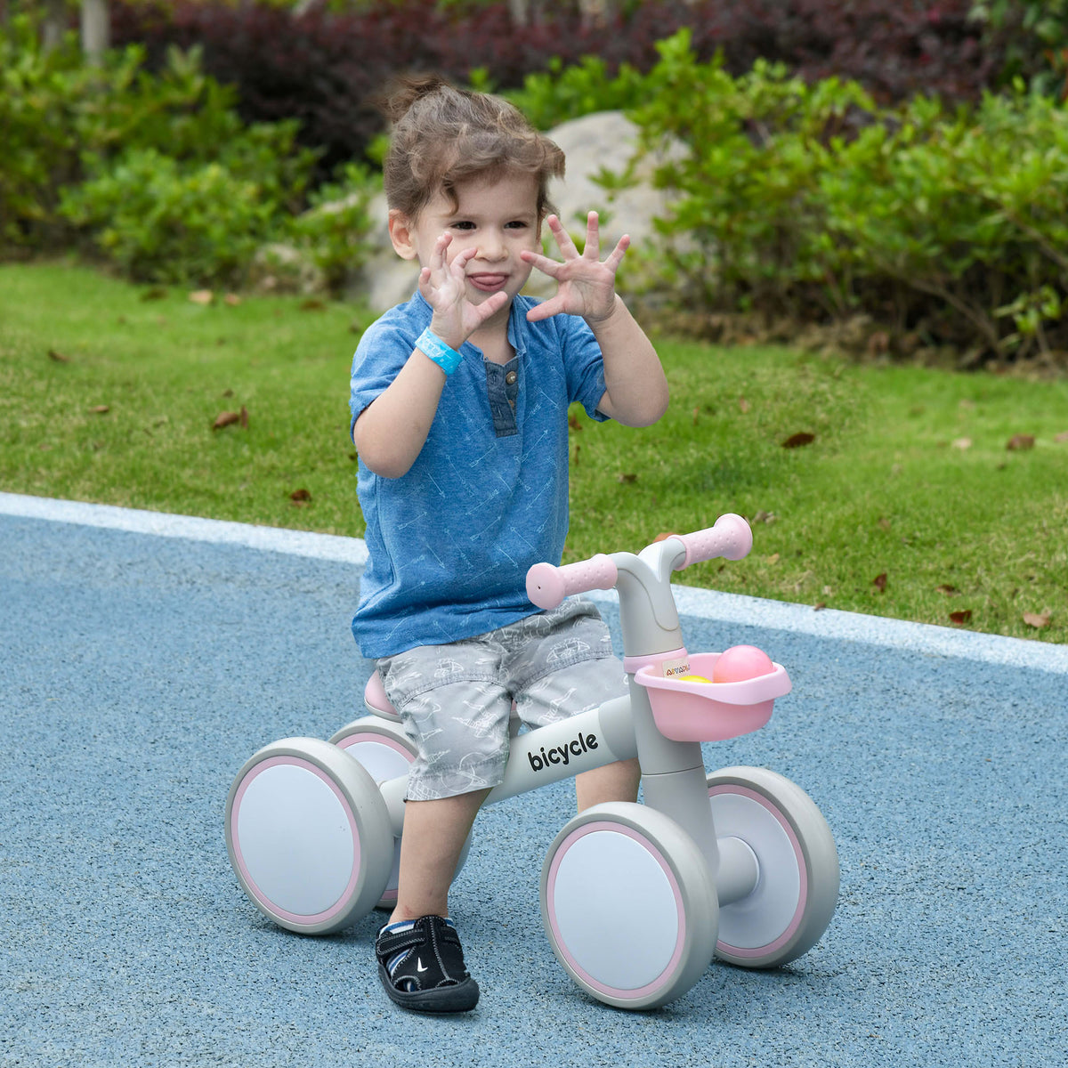 Draisienne vélo Enfant 4 roues selle réglable, guidon ergonomique alliage alu. PP, enfant 1 à 3 ans - Gris Blanc Rose-1