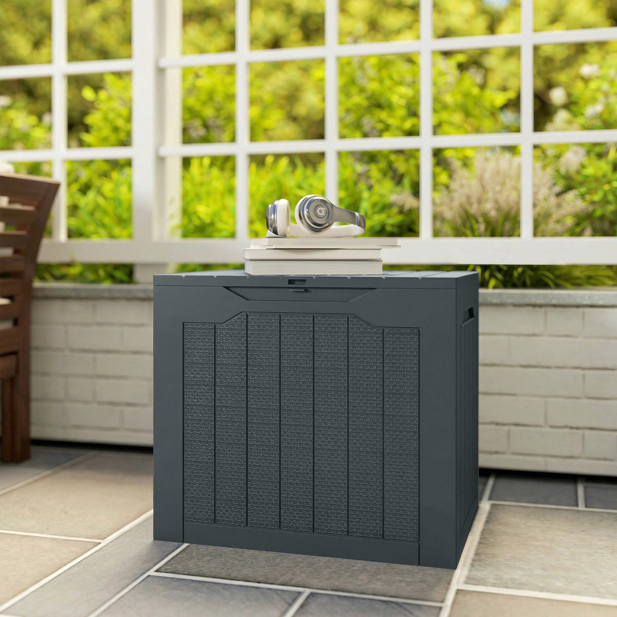 Coffre de rangement extérieur 97L avec poignées encastrées, malle de rangement extérieur étanche 56x41x50cm, gris foncé-8