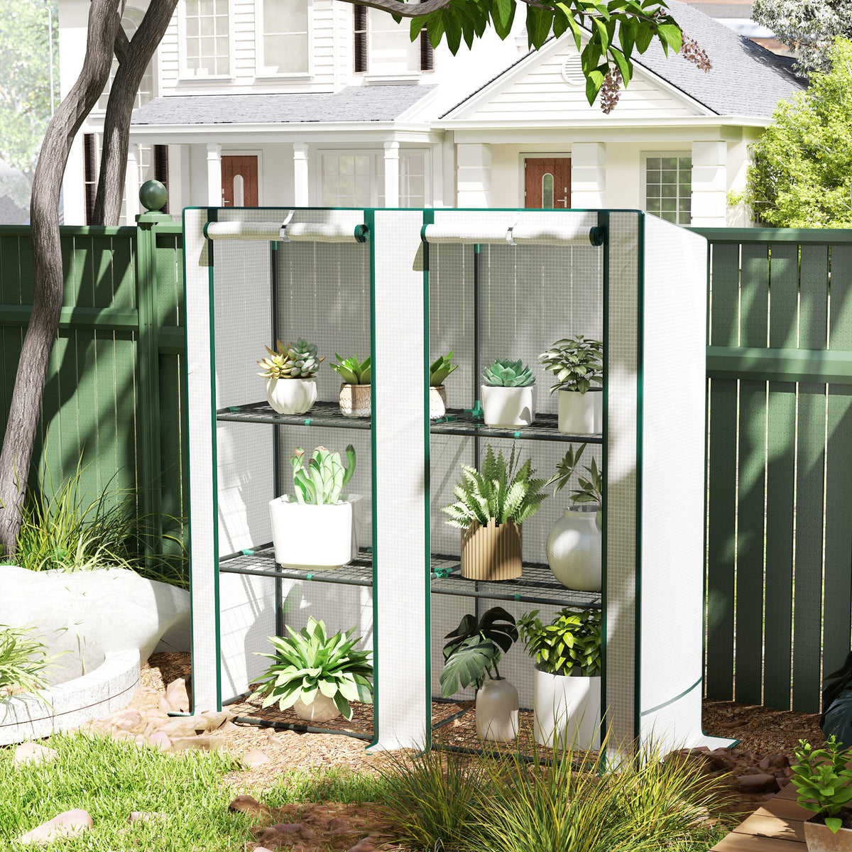 Serre de jardin avec étagères métalliques à 3 niveaux serre de balcon couverture PE toit incliné 144 x 48 x 152 cm blanc-9