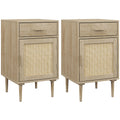 Lot de 2 tables de chevet avec placard et étagère porte rotin tissé 1 tiroir design bohème - 40 x 40 x 68,5 cm naturel-0