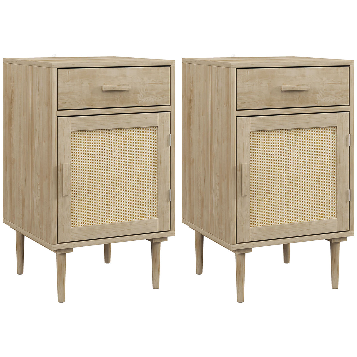Lot de 2 tables de chevet avec placard et étagère porte rotin tissé 1 tiroir design bohème - 40 x 40 x 68,5 cm naturel-0