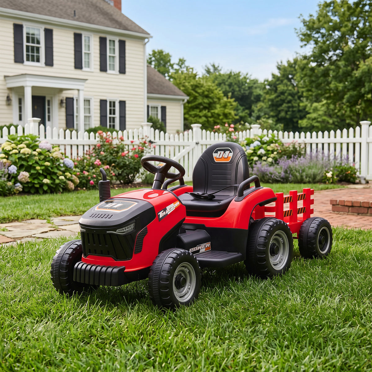 Tracteur électrique enfants avec remorque amovible, voiture électrique enfants, télécommande 2,4G, 139x58x55cm, rouge-1