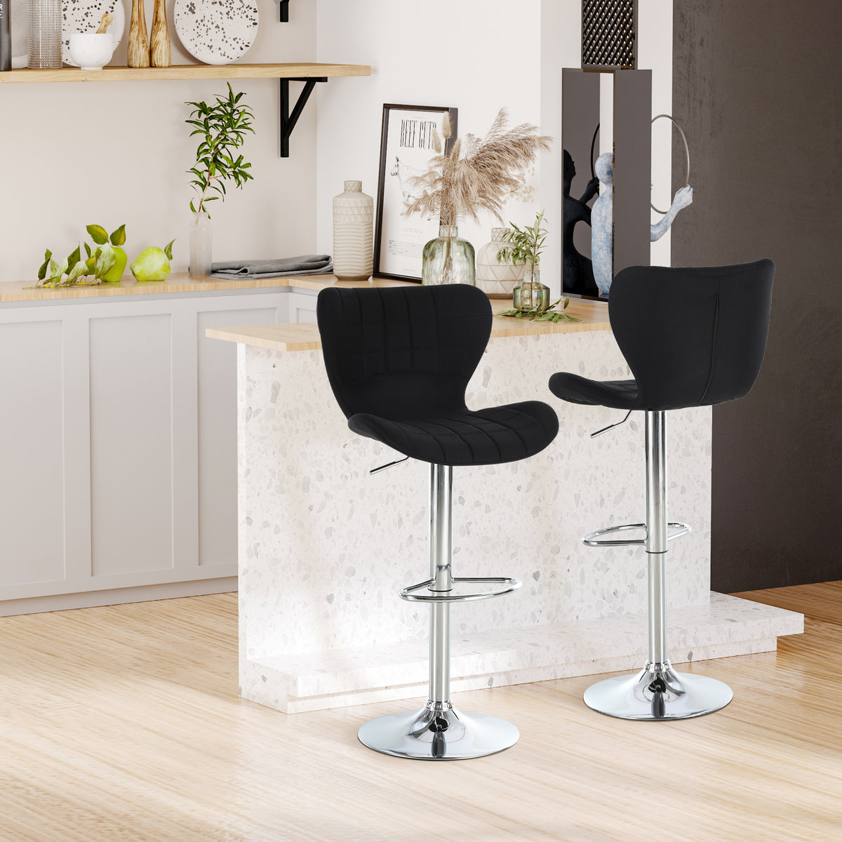 Lot de 2 Tabourets de Bar Design Contemporain Hauteur d'assise réglable 59-81 cm pivotant 360° Lin Noir-1
