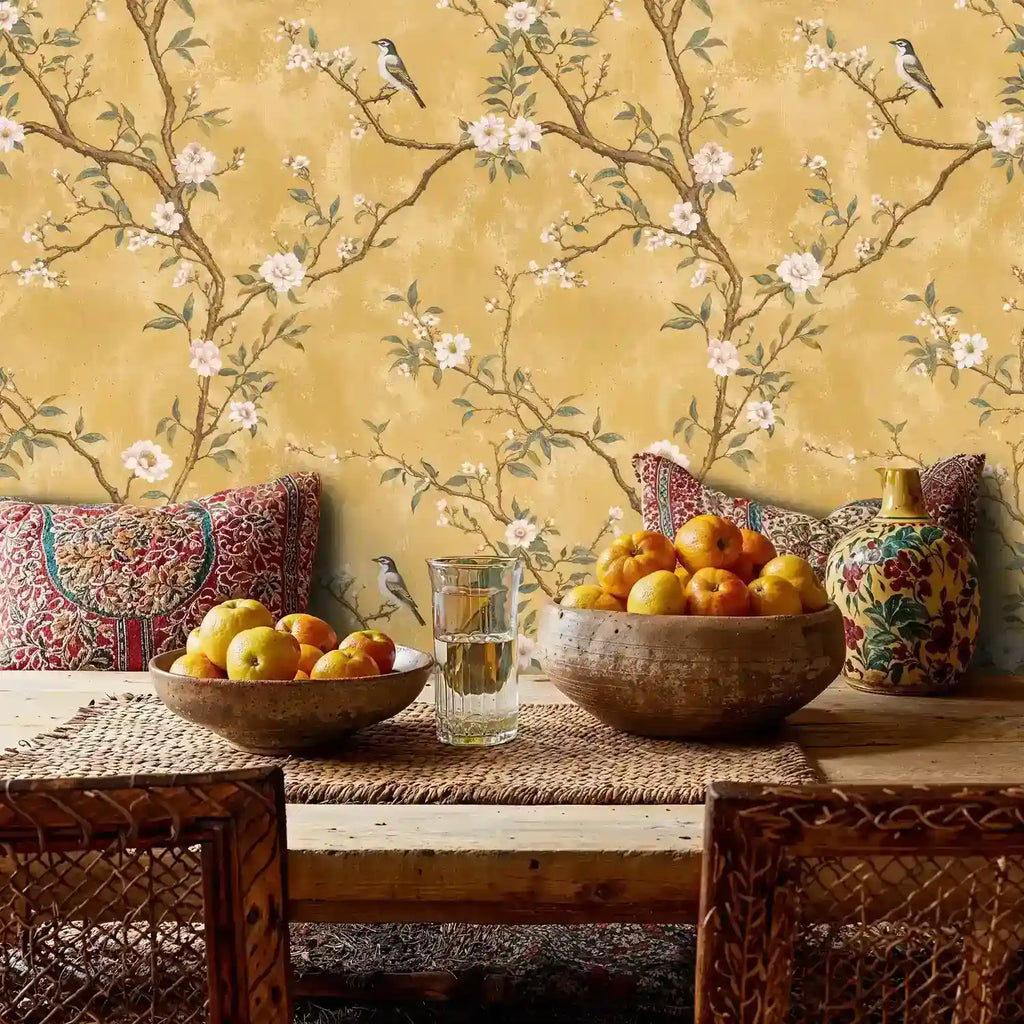 Papier peint chinoiserie oiseaux chanteurs sur branches fleuries