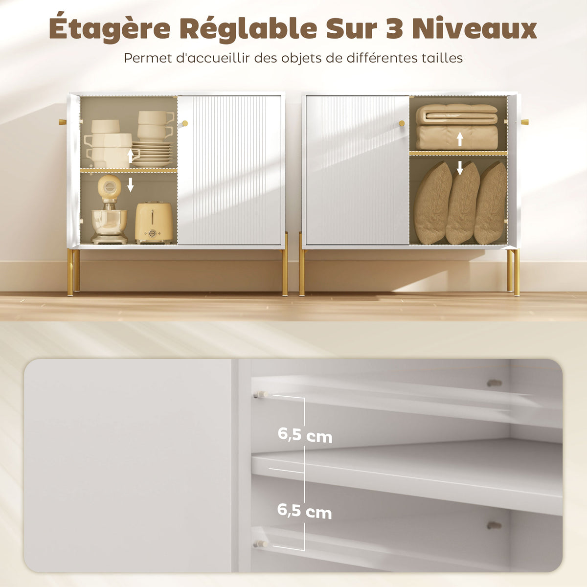 Buffet salon, meuble de rangement avec double porte cannelée, étagère réglable, pieds en acier, 80 x 39,1 x 76 cm, blanc-3