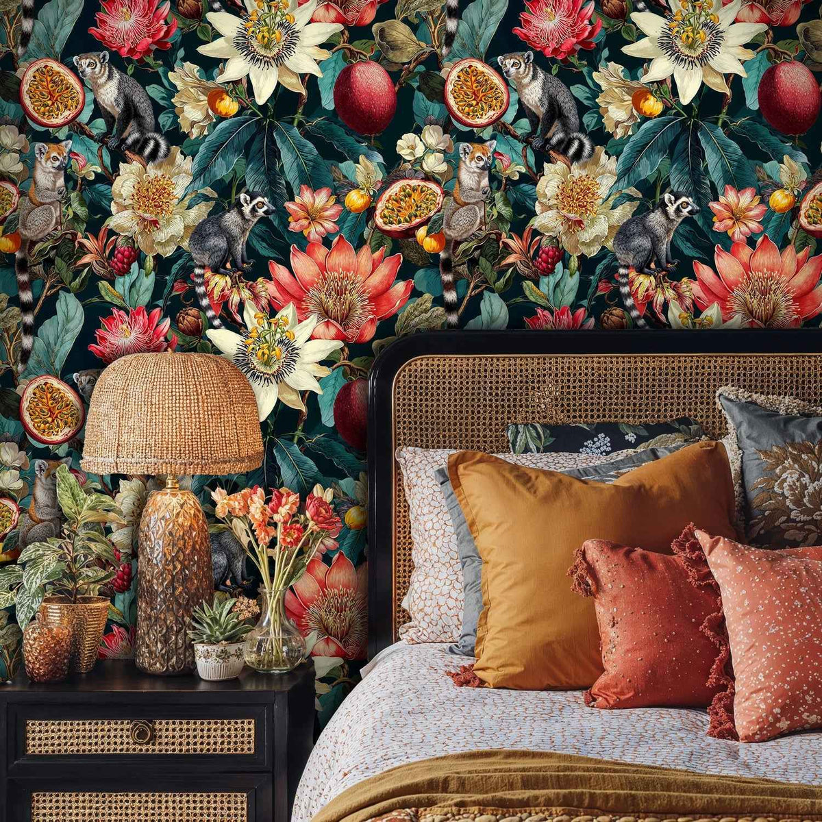 Papier peint lémuriens et floraison tropicale
