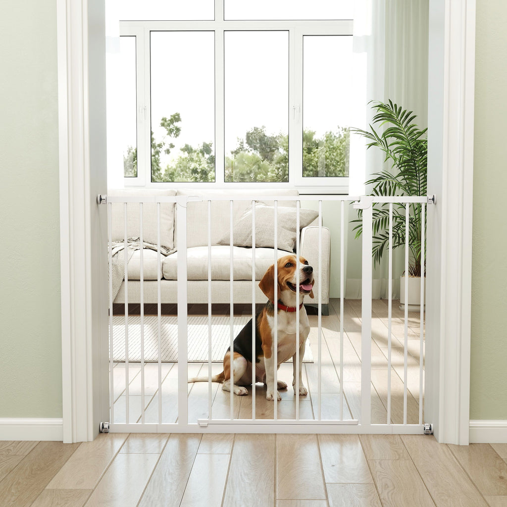 Barrière de Sécurité Chien Réglable 76-107 cm, avec 2 Rallonges (10/15 cm), Ouverture d'une Main, sans Perçage, Blanc-7