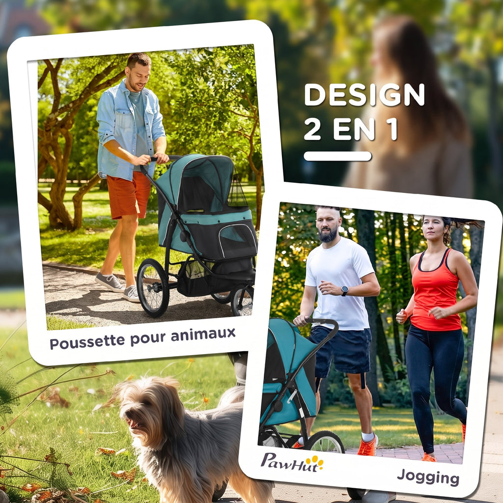 Poussette pour Chien Pliable Tout Terrain, Roue Avant Verrouillable, Coussin, Auvent Réglable, 111x58x107cm, Vert Foncé-4
